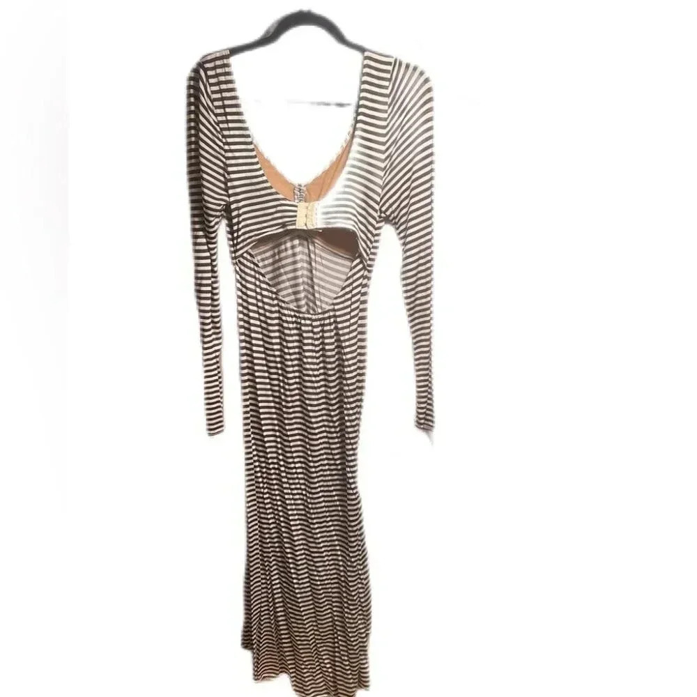 Tracy Reese long sleeve day 2 nite stretch cream/black striped high low dress M - Picture 3 of 4